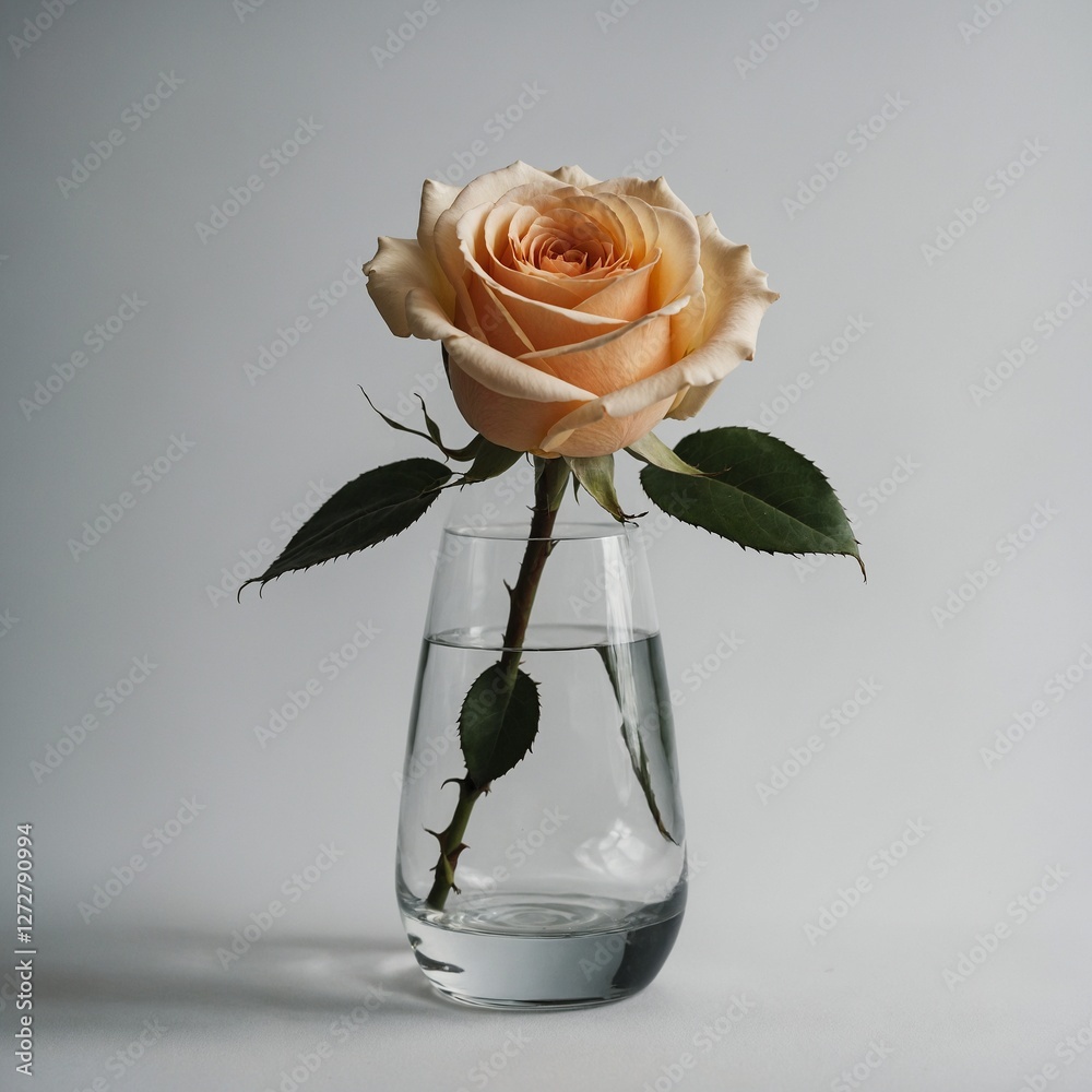 Fototapeta premium A single rose in a glass vase with its stem visible, placed against a white backdrop.