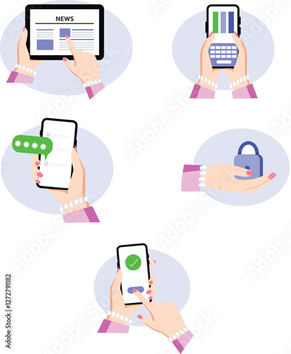Two step authentication vector illustration, flat cartoon hand smartphone and computer safety login or sign in, two steps verification via mobile phone and pc notice