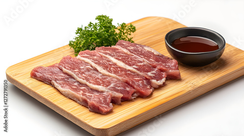 Sliced roast beef placed on a bamboo board with a dipping sauce on the side photo