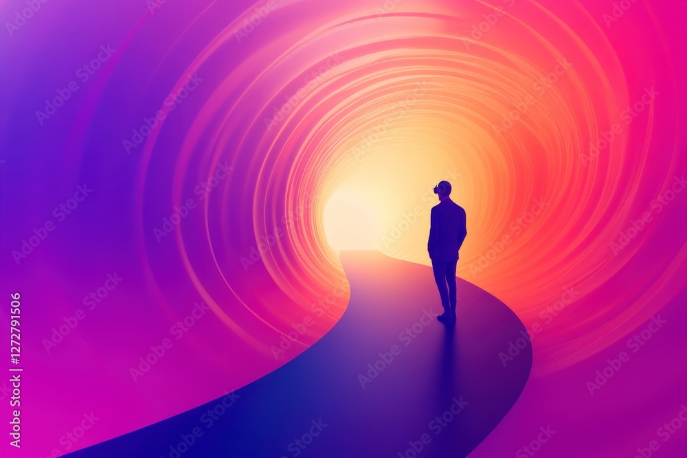 Person Standing at the Entrance of a Colorful Abstract Tunnel Person Standing at the Entrance of a Colorful Abstract Tunnel