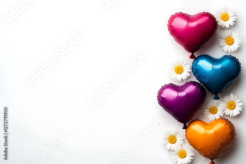 Bright Women's Day poster with vibrant heart balloons and fresh daisies on a crisp white backdrop.