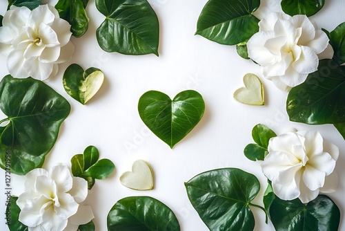 Botanical Women's Day poster with heart-shaped leaves and botanical white gardenias on a naturalistic white canvas.