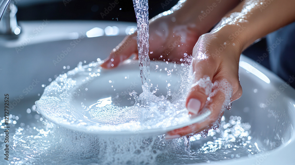 Fototapeta premium Woman Hands Washing White Plate Under Chrome Faucet in Bright, Clean Kitchen.
