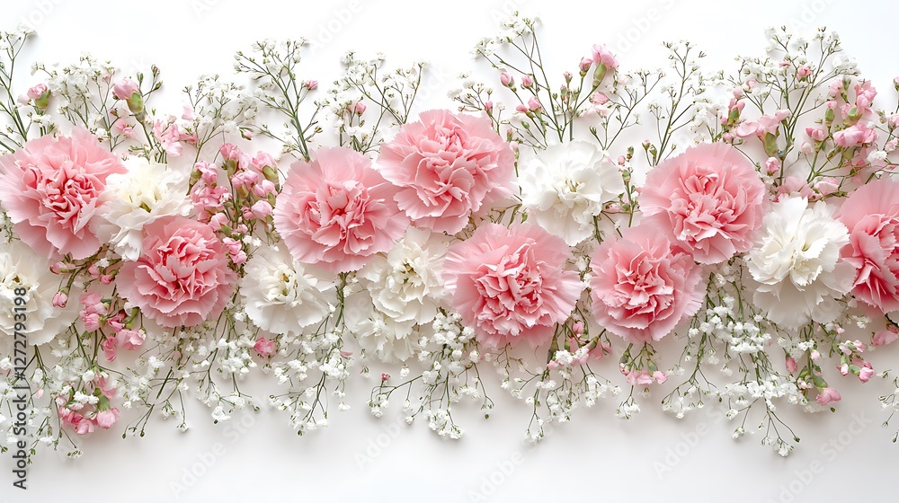 Obraz premium Carnations in pastel pink and white tones, gently intertwined with baby's breath, forming an elegant border at the top and bottom, clean white middle space for copy, softly diffused light, hd clarity,