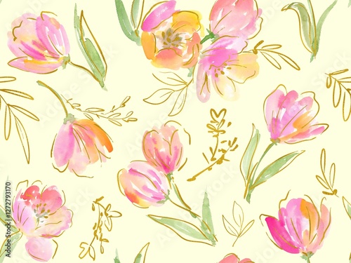 Fototapeta Naklejka Na Ścianę i Meble -  A seamless pattern of abstract tulips painted in watercolor with gold line art. A hand-painted tulip wallpaper design for spring.