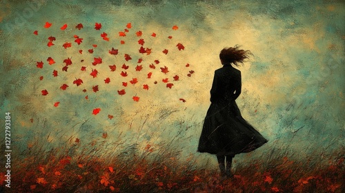 Woman watching autumn leaves fall, moody landscape, possible use for nature/emotion/artistic prints photo