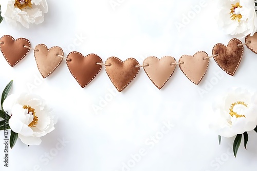 Charming Women's Day banner with charming heart garlands and charming white peonies on a delightful white background.