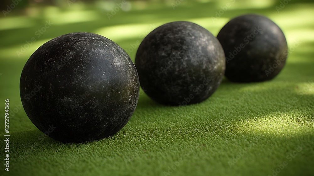 Dark textured spheres rest gently on vibrant green grass bathed in soft sunlight. AI Generated Dark textured spheres rest gently on vibrant green grass bathed in soft sunlight. AI Generated