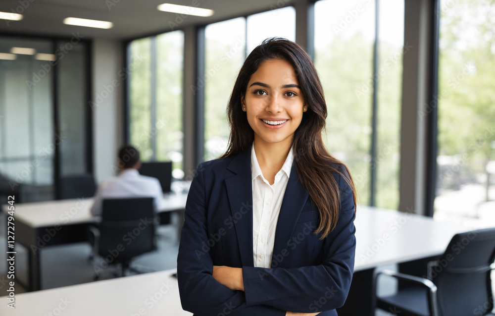 confident businesswoman smiling in modern office setting confident businesswoman smiling in modern office setting