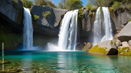 A majestic waterfall cascades down a rugged, moss-covered rocky cliff, its misty veil rising into the air as it plunges into a serene, crystal-clear pool of turquoise water, surrounded by lush green v