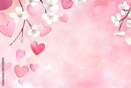 Charming Women's Day banner with cherry blossoms and pastel hearts on a pink watercolor background.