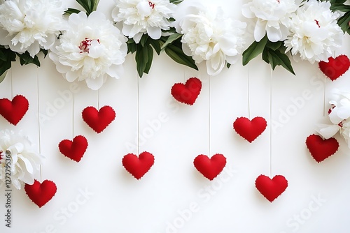 Charming Women's Day banner with charming heart garlands and charming white peonies on a delightful white background.