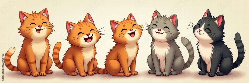 A delightful illustration of five cheerful cats, perfect for pet-related projects, greeting cards, or childrens products.