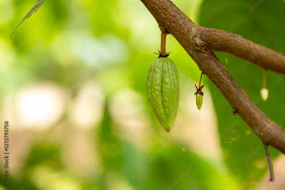 cocoa tree with fruits. Yellow and green Cocoa pods grow on the tree