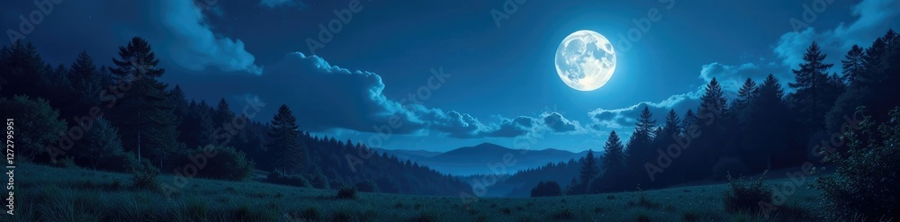 Serene forest at night with full moon and cloudy sky, nature, peaceful, foliage Serene forest at night with full moon and cloudy sky, nature, peaceful, foliage