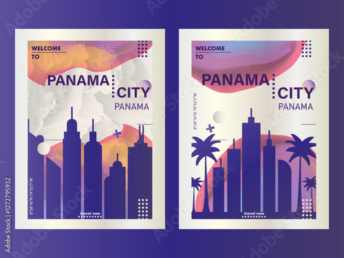 Panama City pack poster with skyline, cityscape, landmark, textured. Panama metropolitan vector illustration layout for vertical brochure, website, flyer, presentation