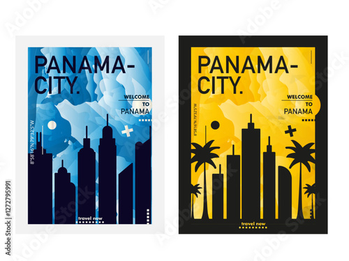 Panama City pack poster with skyline, cityscape, landmark, textured. Panama metropolitan vector illustration layout for vertical brochure, website, flyer, presentation