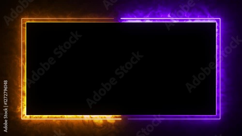 Bright neon fire yellow and purple effect rectangle frame Loop background. Animation of glowing neon rectangles abstract background - seamless loop