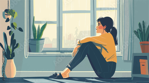 Unhappy female sitting on the floor, depression, ai