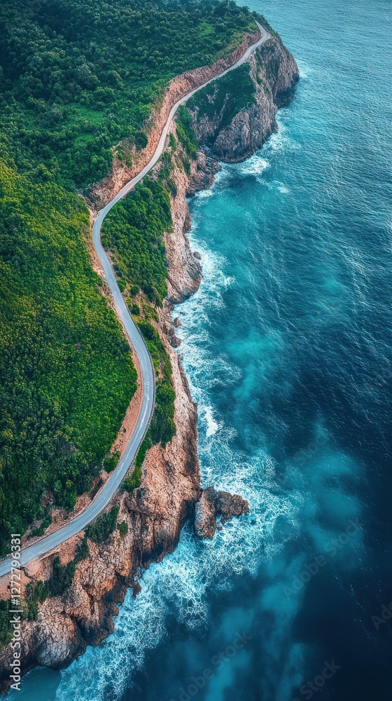Obraz premium Coastal Road Winding Along Dramatic Cliffs, Turquoise Ocean
