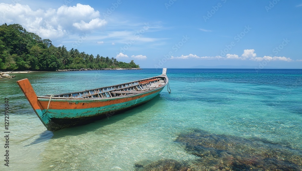 Tranquil Tropical Boat on Calm Azure Waters near Lush Greenery under a Sunny Sky, Idyllic Island Getaway. Tranquil Tropical Boat on Calm Azure Waters near Lush Greenery under a Sunny Sky, Idyllic Island Getaway.