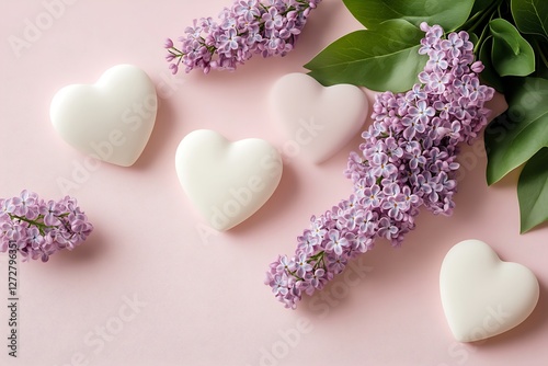 Chic Women's Day banner with minimalist hearts and elegant lilacs on a powder pink canvas.