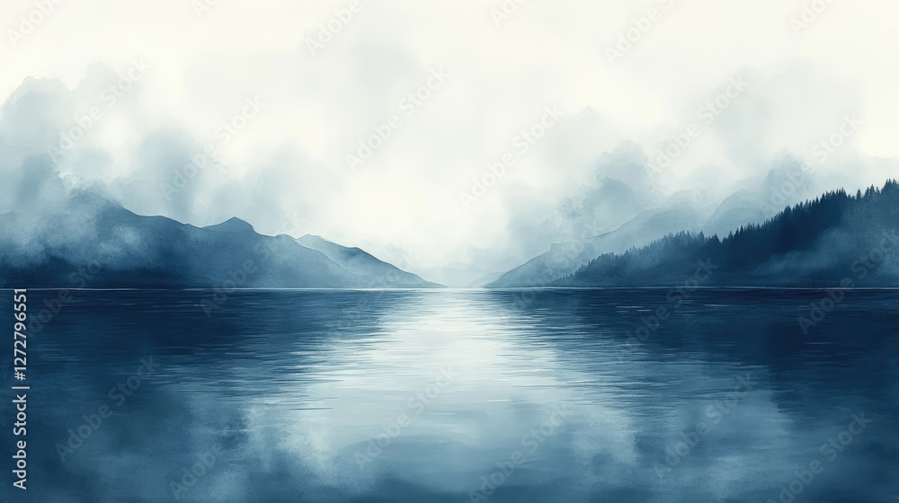Serene landscape featuring tranquil water reflecting foggy mountains and soft clouds Serene landscape featuring tranquil water reflecting foggy mountains and soft clouds
