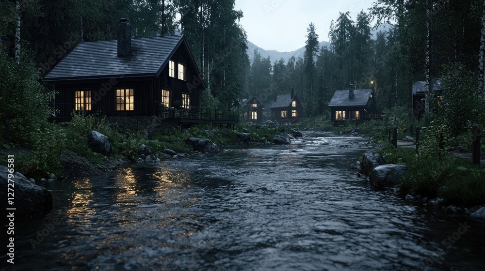 Fototapeta premium Misty Mountain Cabin Village at Night