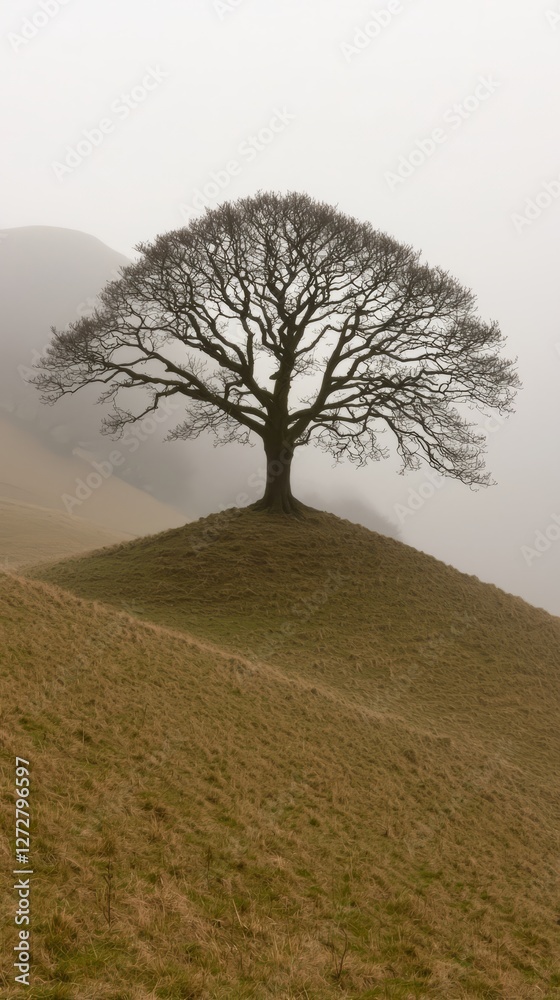 Obraz premium Solitary tree on a misty hillside, surrounded by rolling grasslands at dawn