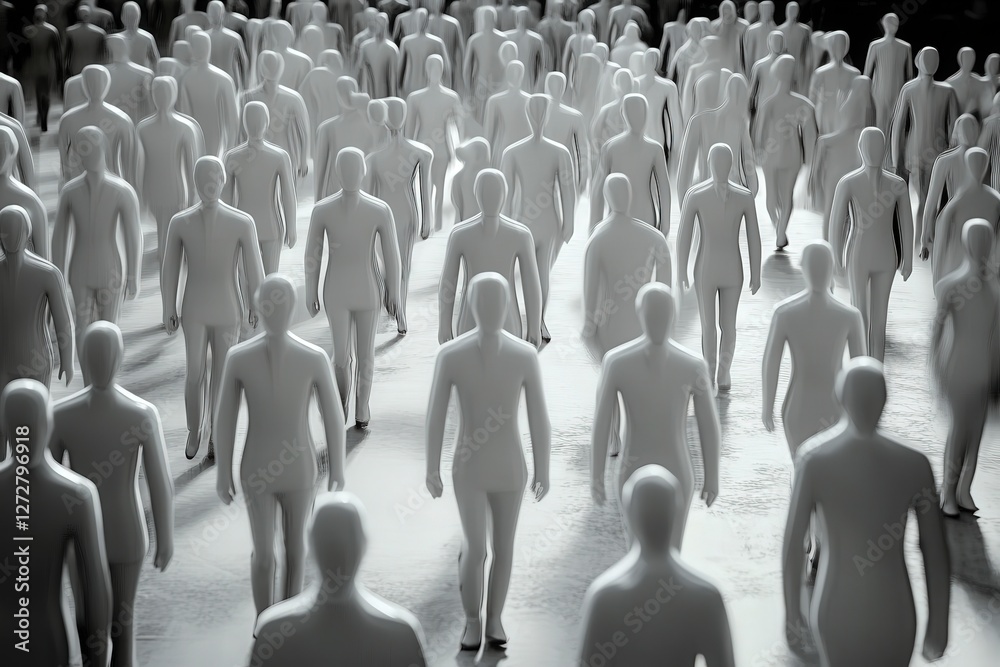 Fototapeta premium Abstract Crowd of White Figures Walking in Shallow Depth of Field
