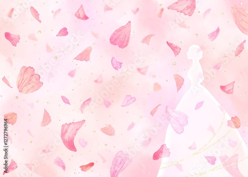 桜の花びらが舞う中に立つ横向きの新婦のシルエット。結婚式等のお祝い向けのピンク背景イラスト。