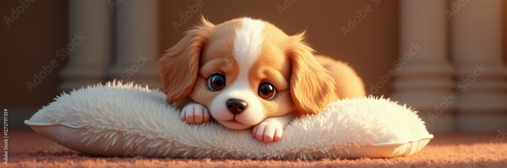 Adorable puppy resting on a fluffy pillow, radiating cuteness and warmth. Perfect for pet care, animal products, or home decor advertising. Adorable puppy resting on a fluffy pillow, radiating cuteness and warmth. Perfect for pet care, animal products, or home decor advertising.
