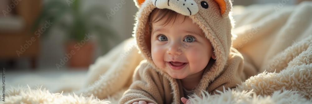 An adorable baby wearing a lion-themed onesie, smiles joyfully while lying on a soft blanket, capturing the essence of childhood innocence and joy. An adorable baby wearing a lion-themed onesie, smiles joyfully while lying on a soft blanket, capturing the essence of childhood innocence and joy.