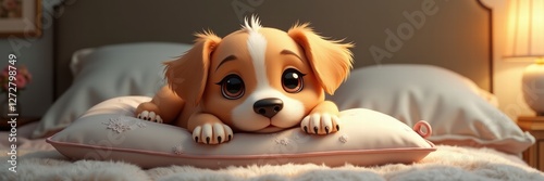 A cute, animated puppy lying on a cozy bed pillow, exuding charm and playfulness. Perfect for pet-related content, children's products, or cozy home settings.