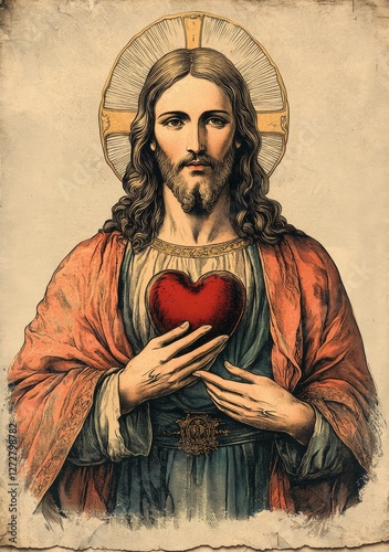Vintage illustration of the sacred heart of jesus religious art retro style high fidelity classic design
