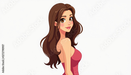 Attractive Brunette Woman with Long Hair in Pink Dress Cartoon Style Illustration