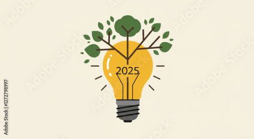 Lightbulb growing a tree with the year two thousand twenty five