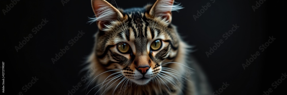 A striking close-up of a beautiful cat with captivating eyes, showcasing its unique fur patterns against a dark background. A striking close-up of a beautiful cat with captivating eyes, showcasing its unique fur patterns against a dark background.