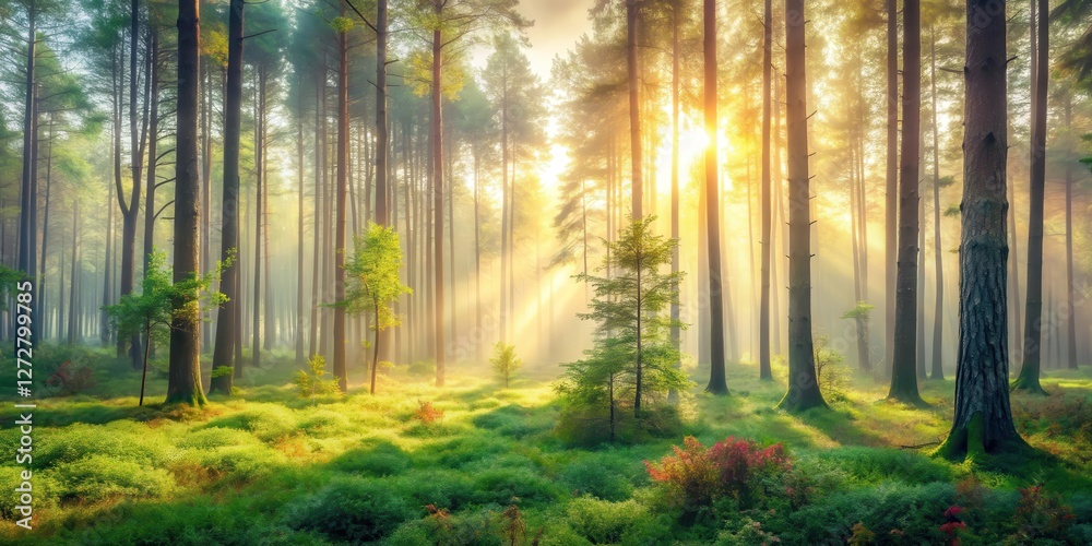 Fototapeta premium Forest Panorama in Soft, Dreamy Light and Gentle Fog , peaceful forest