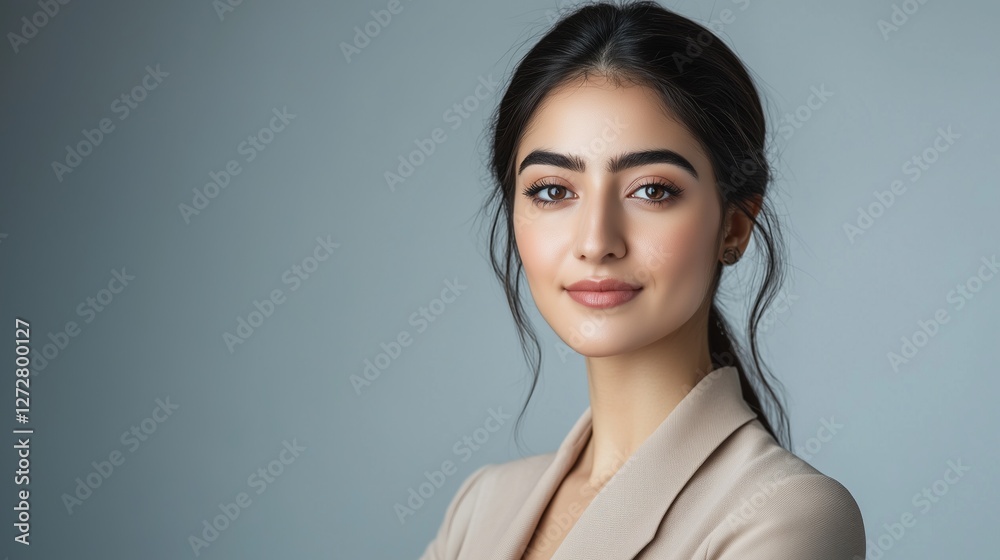 Portrait of a Confident Young Businesswoman in a Professional Beige Blazer Against a Subtle Blue Background Portrait of a Confident Young Businesswoman in a Professional Beige Blazer Against a Subtle Blue Background