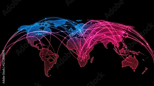 Connected World Global Network Mesh with Interlinking Arcs and Nodes on Dark Backdrop for Worldwide Communication. photo
