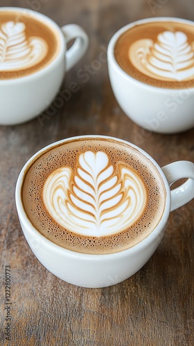 Three beautifully crafted lattes with intricate foam art on a rustic wooden table