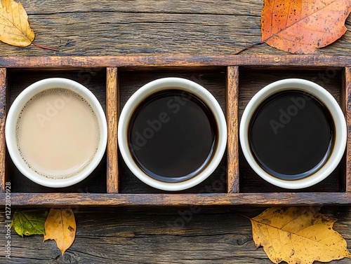 Three cups of coffee displayed on a rustic wooden tray surrounded by autumn leaves