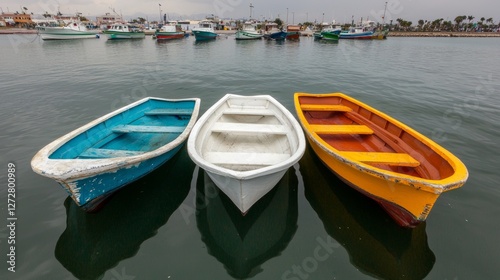 Three colorful fishing boats anchored in calm waters with a harbor backdrop