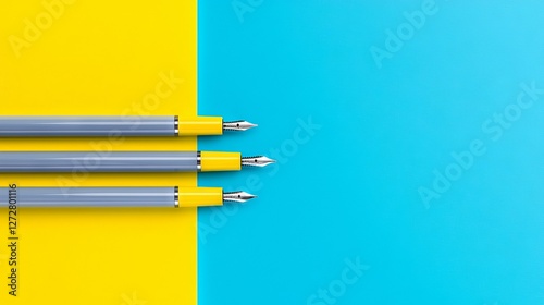 Three modern fountain pens arranged on a vibrant yellow and blue background