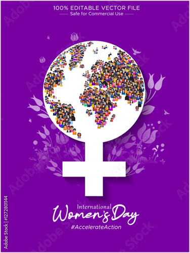 Creative concept for Happy International Women's Day background. Women of world different ethnicities illustration.