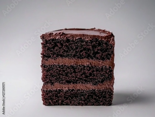 Three layers of rich chocolate cake displayed on a neutral background