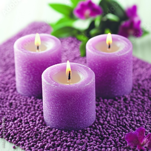 Three purple candles glowing on a textured surface surrounded by decorative flowers