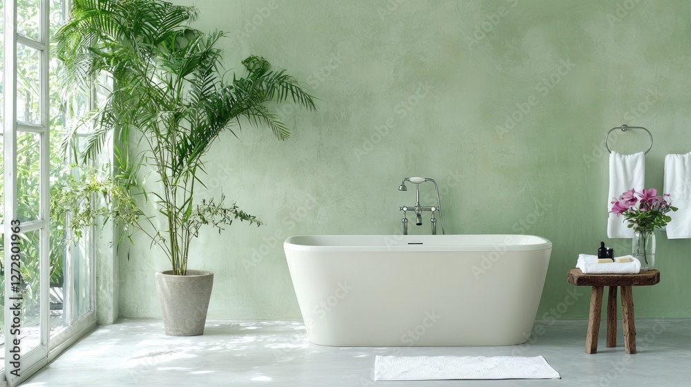 Fototapeta premium Modern white freestanding bathtub stands against a textured green wall next to a potted palm tree in a bright, sunlit bathroom.