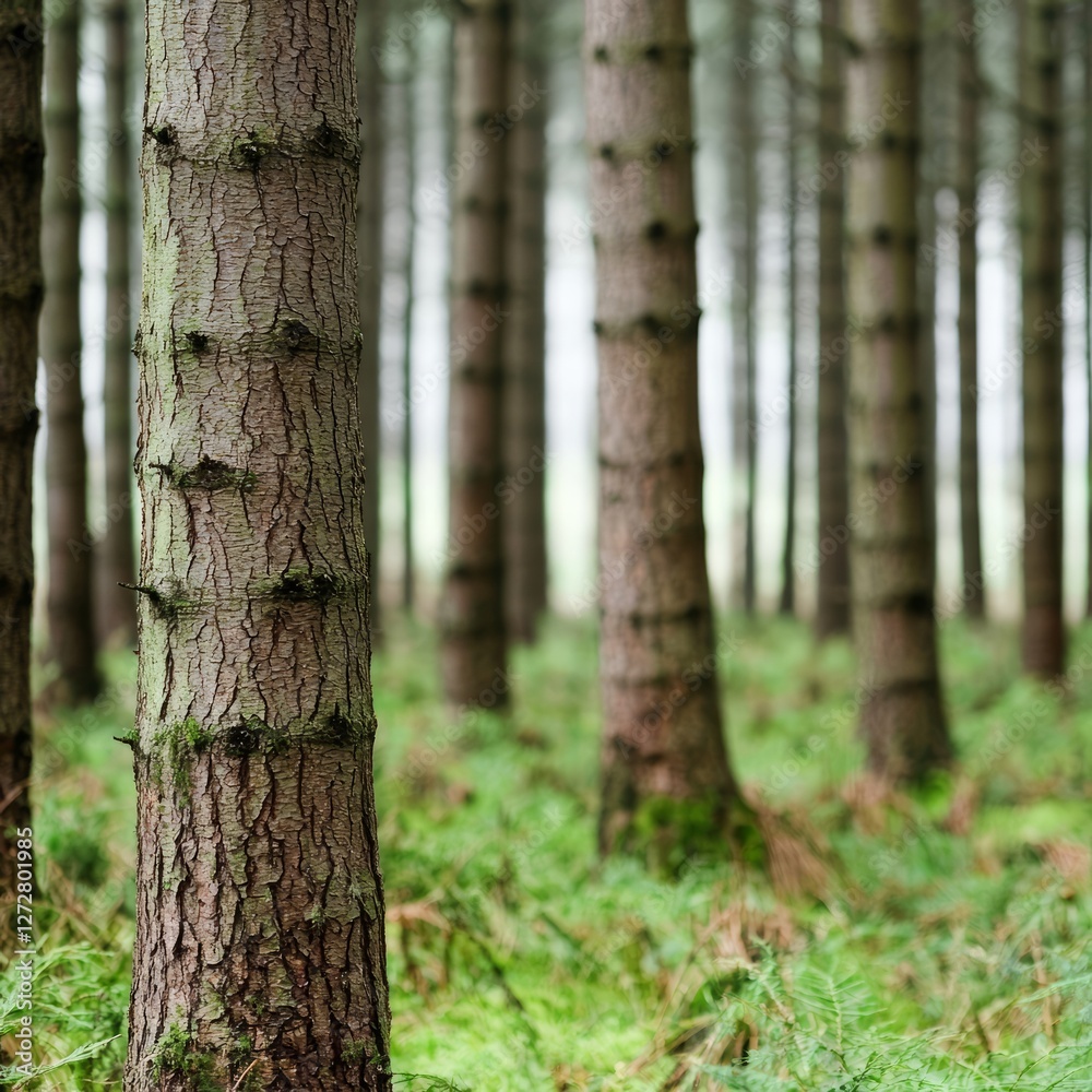 Tranquil forest scene with tall trees surrounded by lush green undergrowth Tranquil forest scene with tall trees surrounded by lush green undergrowth